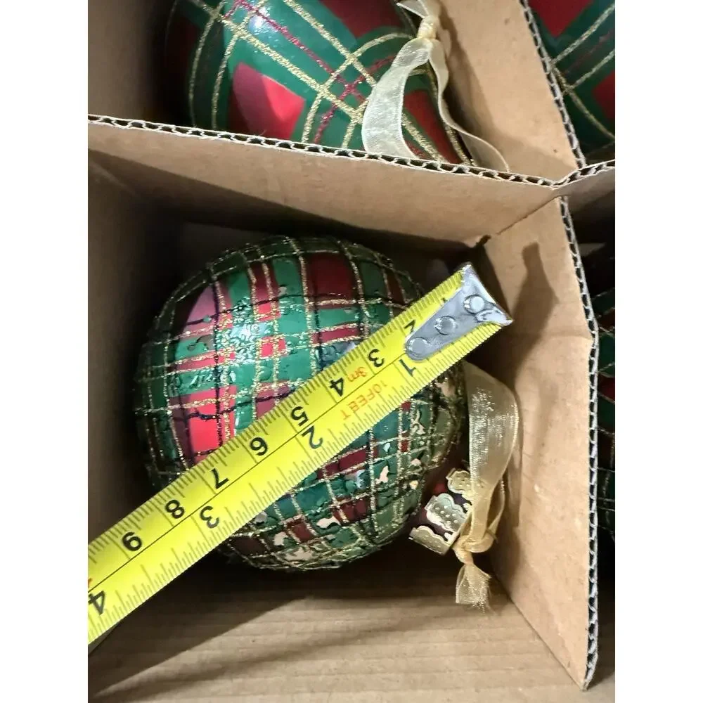 Vintage Jeffrey Banks Home Set of 8 Large Plaid Tartan Glass Ornaments w/ Box